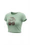 Women's Light Green Cherry Leopard Pattern Crew Neck Lycra Short Sleeve Body Crop Blouse - 6