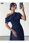 New Season Women's Off-The-Shoulder Pleated Detailed Long Janjan Crepe Stylish Dress - 2