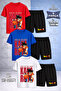 Children's Goku Back Writing Printed Punch Printed Crew Neck 3-Piece T-Shirt - Shorts Set