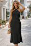 Women's Collar Detailed Off-The-Shoulder Long Knit Dress with Side Slits