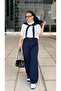 Dark Blue Scarf-Detail Pants Suit - 3
