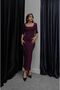 Women's Zara Model Belted Plum Square Neck Short Sleeve Evening Dress