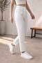 Women's High-Waisted Ecru Lycra Pleated Carrot Pants with Side Pockets - 3