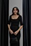 Women's Zara Model Belted Black Square Neck Short Sleeve Evening Dress - 2