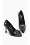 Women's Black Leather Stylish Design Heeled Shoes with Stone Accessories Pc-55199