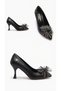 Women's Black Leather Stylish Design Heeled Shoes with Stone Accessories Pc-55199 - 5