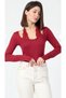 Women's Burgundy Lace Detailed Square Collar Long Sleeve Cotton Single Jersey Fabric Slim Fit Body Blouse - 6