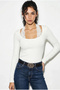 Women's White Lace Detailed Square Collar Long Sleeve Cotton Single Jersey Fabric Slim Fit Body Blouse - 3
