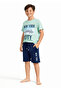 Boy's Top and Bottom Set Printed Green T-Shirt Navy Blue Shorts - 2