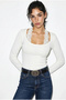 Women's White Lace Detailed Square Collar Long Sleeve Cotton Single Jersey Fabric Slim Fit Body Blouse - 2