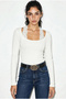 Women's White Lace Detailed Square Collar Long Sleeve Cotton Single Jersey Fabric Slim Fit Body Blouse