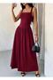 Women's Summer Square Neck Strappy Long Dress with Drawstring Detail - 3