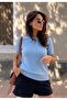 طاقم الرقبة ليكرا كم قصير بلوزة زرقاء فاتحة - 5