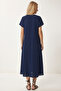 V-Neck Summer Flowy Viscose Dress Len0022 Dark Blue - 5