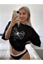 Black Bow Print Detailed Oversize Women's T-Shirt