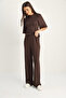 Women's Coffee Soft Touch Ribbed Half Sleeve T-Shirt Elasticized Wide Leg Pants Set 18000 60286181 - 5