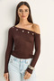 Women's Bitter Brown Metal Ring Detailed Boat Neck Combed Cotton Blouse 0464 60286182 - 3