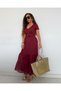 Buketli̇ Women's Below Knee Tulle Belted Pocketed V-Neck Short Sleeve Wide Cut Long Dress - 4