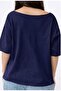 Women's Navy Blue Leopard 23 Printed Wide Asymmetrical Collar Regular Fit T-Shirt - 4
