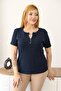 Plus Size Basic T-Shirt with Double Piping Detail at the Collar and Buttons - 2