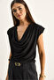 Women's Black Padded Collared Viscose Blouse 28008 60286179 - 4