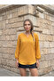Women's Mustard Pompom Elasticized Sleeve Oval Cut Slit Collar Tunic Blouse 2842231 - 2