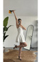 Women's White Strap Mini Dress with Shorts – V-Neck, Corset Shape, Flared Skirt, Summer & Special Occasion Dress - 6