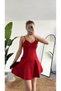 Women's Red Strap Mini Dress with Shorts – V-Neck, Corset Shape, Flared Skirt, Summer & Special Occasion Dress - 6