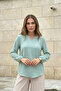 Women's Aqua Green, Mint Pompom, Elastic Sleeves, Oval Cut, Slit Collar Tunic Blouse 2842231