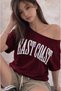 Burgundy Women's East Coast Printed Wide Asymmetric Collar Regular Fit T-Shirt