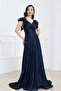 Long Evening Dress with Glittering Flywheel Detail - Dark Blue - 6