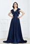 Long Evening Dress with Glittering Flywheel Detail - Dark Blue - 5