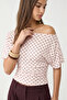 Pink Polka Dot Asymmetrical Waist-Fitted 97% Cotton Bat Sleeve Blouse - 2