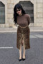 Women's Trendy Cotton Leopard Patterned Slit Brown Midi Denim Skirt - 2