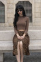 Women's Trendy Cotton Leopard Patterned Slit Brown Midi Denim Skirt - 4