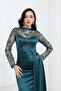 Lace Detailed Satin Evening Dress - Emerald Green - 4