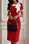 Women's Collar Bow Detailed Short Sleeve Crepe Dress
