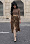 Women's Trendy Cotton Leopard Patterned Slit Brown Midi Denim Skirt - 3