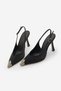 Women's Stiletto Pointed Toe Shoes with Gold Metal Buckle on the Front, Open Back, Classic Heeled Shoes, Karima Black Satin