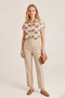 Women's Brown Patterned Linen Bat Short Sleeve Shirt - 5