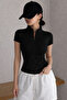 Women Blouse Zipper Stand Collar Short Sleeve Stretchy Fabric Stylish Sport Top
