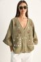 Women's Khaki Embroidered Pocket Detailed V-Neck Muslin Shirt 2231 60286188 - 2