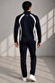 Men's Double Face Fabric Zippered Stand Collar Navy Blue White Tracksuit Set - 7942 - 4