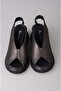Seç 888853 Genuine Leather Padded Heel Sandals (Heel: 6cm) Black Silvery - 2