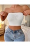 Women's White Color Ottoman Fabric Front Embroidery Detailed Strapless Blouse Crop Lycra Bustier Blouse - 2