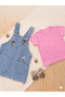 Girl's Baby Pocketed Floral Bee Embroidered Denim Salopet Dress + Bodysuit - 2