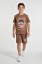 Brown Character Printed Crew Neck T-Shirt and Shorts Set for Boys 23843 - 2