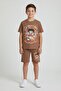 Brown Character Printed Crew Neck T-Shirt and Shorts Set for Boys 23843
