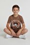 Brown Character Printed Crew Neck T-Shirt and Shorts Set for Boys 23843 - 3