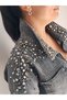 Women's Designer Denim Jacket with Stone and Embroidery Detail, Gray Cropped Fit Jeans Coat - 3